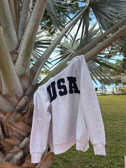 Pearl Grey Navy Blue Polka Dot USA Mockneck Sweatshirt