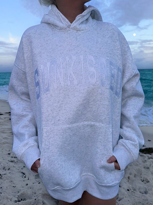 TRADESHOW Pearl Grey With White Letters Sunkissed Varsity Embroider Hoodie