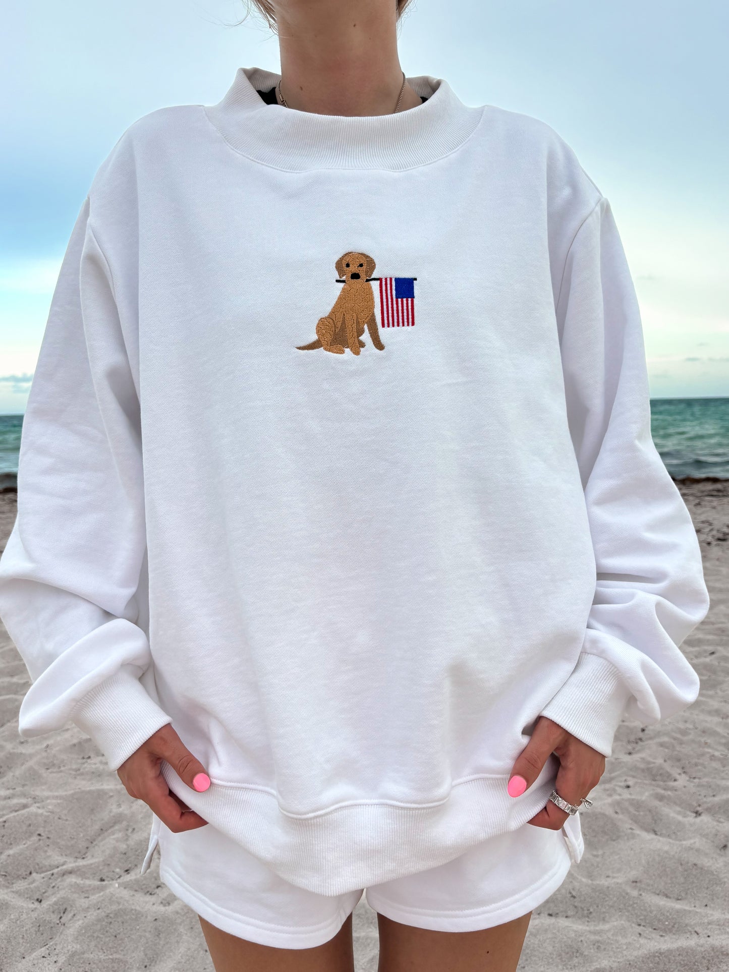 White American Flag Dog Mockneck Sweatshirt 100% Cotton