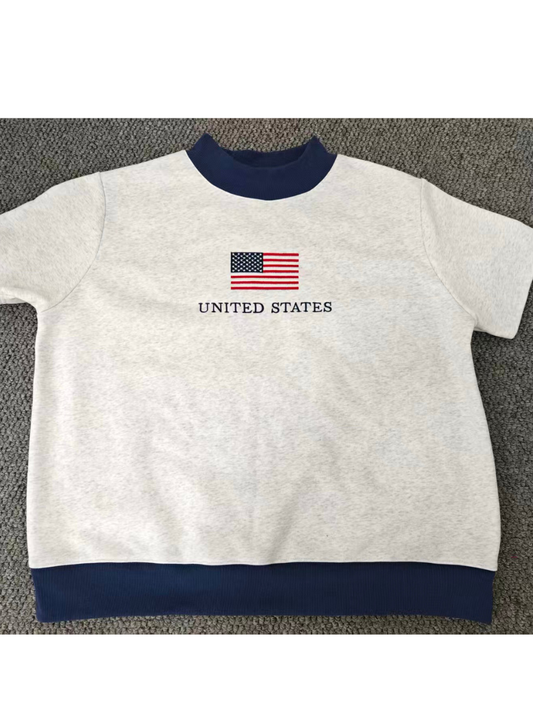 United States Flag Embroider Mockneck Short Sleeve Sweatshirt