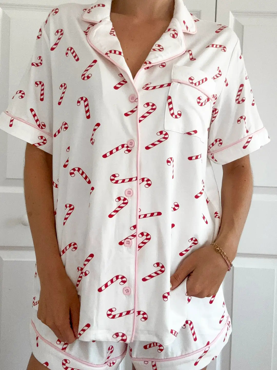 Candy Cane Holiday Christmas Short Sleeve Button Up Pajama Top
