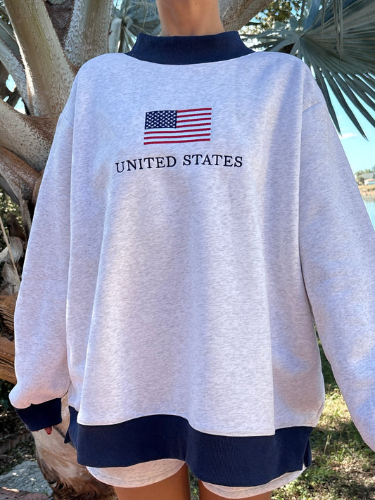 Pearl Grey United States Flag Embroider Mockneck Sweatshirt