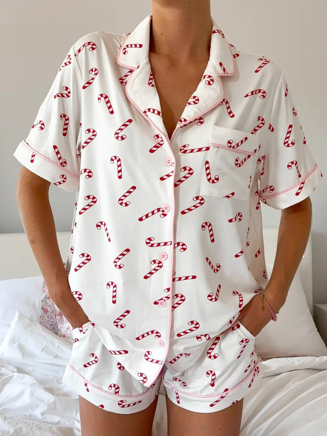 Candy Cane Holiday Christmas Short Sleeve Button Up Pajama Top