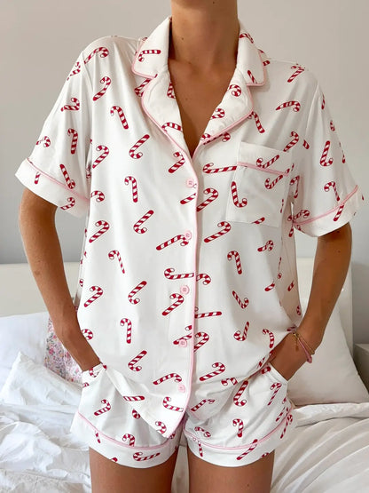 Candy Cane Holiday Christmas Short Sleeve Button Up Pajama Top
