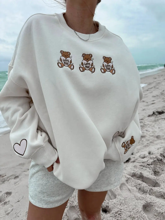 Ivory Teddy Bear Embroider Valentines Day Sweatshirt