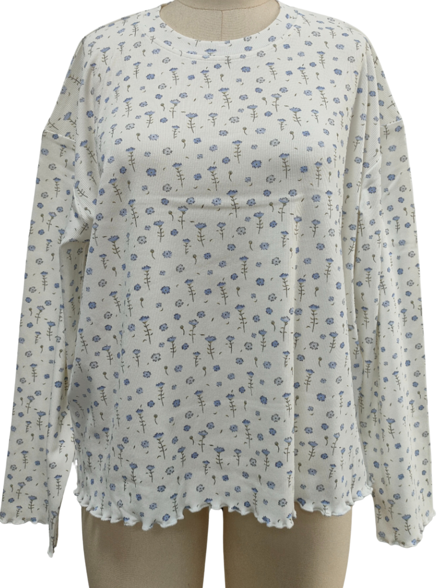 White Ditsy Floral Long Sleeve Pajama Top