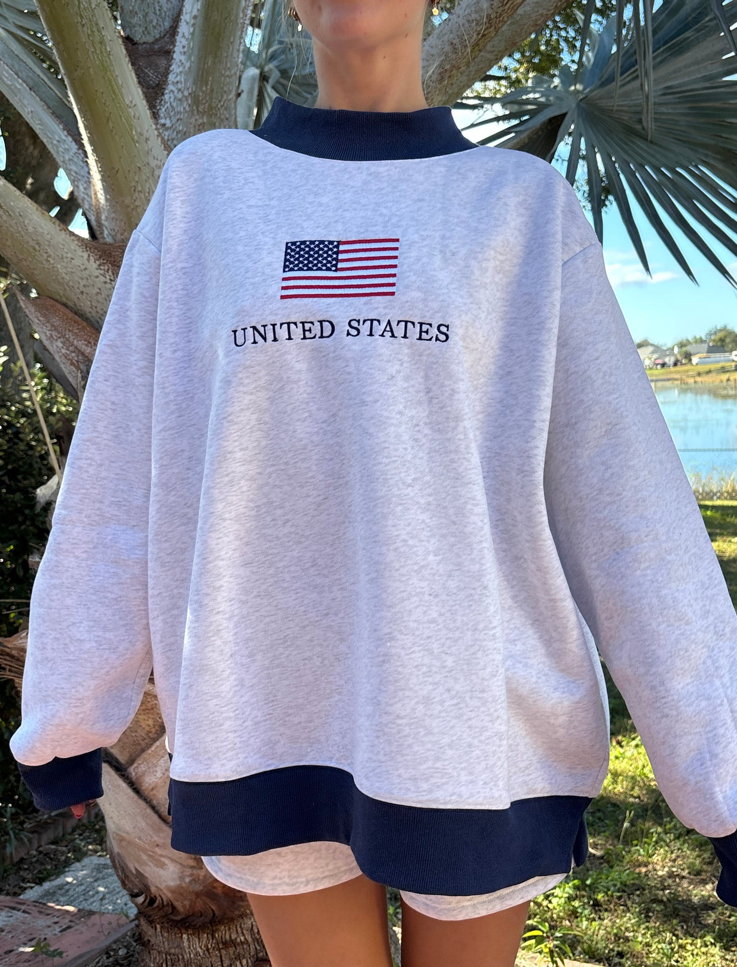 Pearl Grey United States Flag Embroider Mockneck Sweatshirt