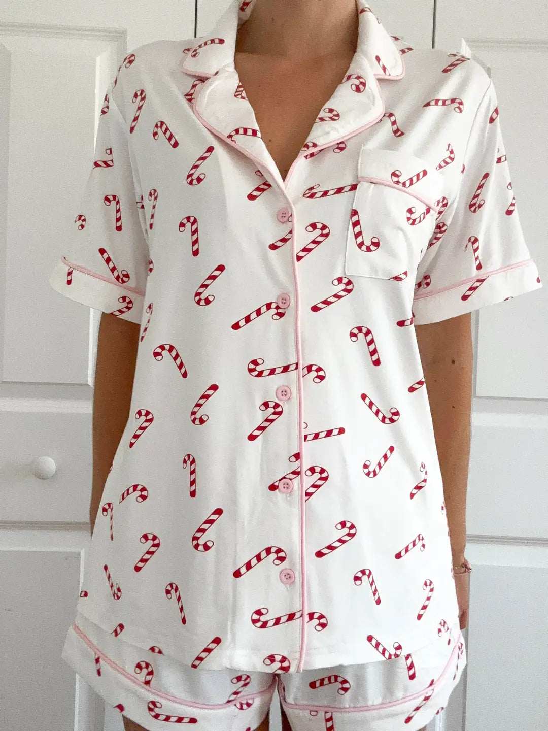 Candy Cane Holiday Christmas Short Sleeve Button Up Pajama Top
