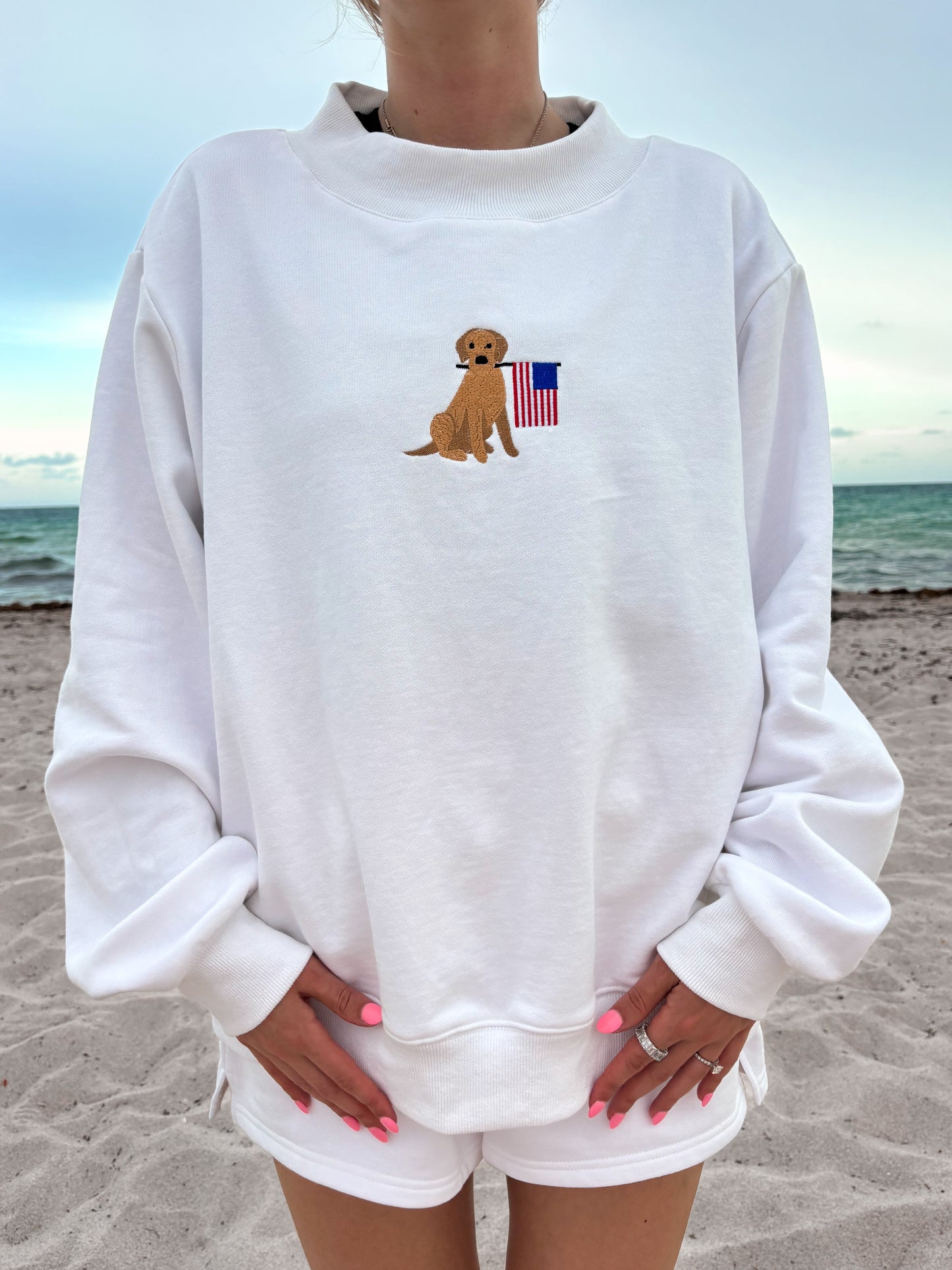 White American Flag Dog Mockneck Sweatshirt 100% Cotton