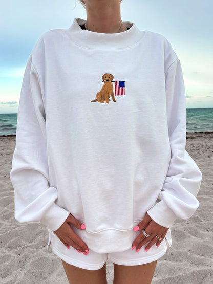 White American Flag Dog Mockneck Sweatshirt 100% Cotton