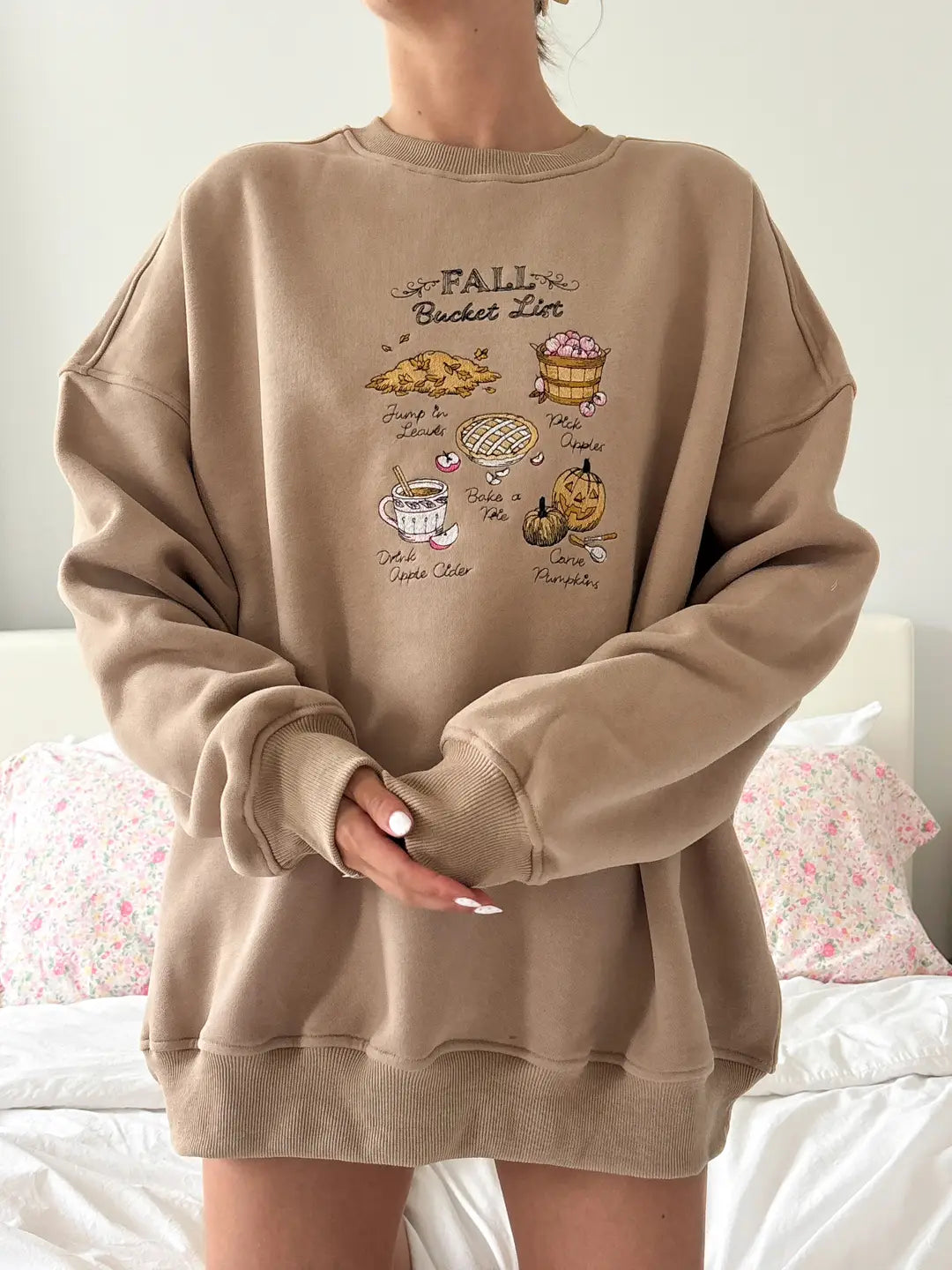 Cappuccino Autumn Fall Bucket List Embroidered Sweatshirt