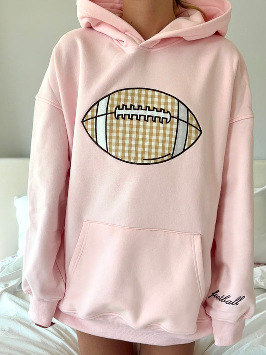 Light Pink Game Day Gingham Football Embroider Hoodie