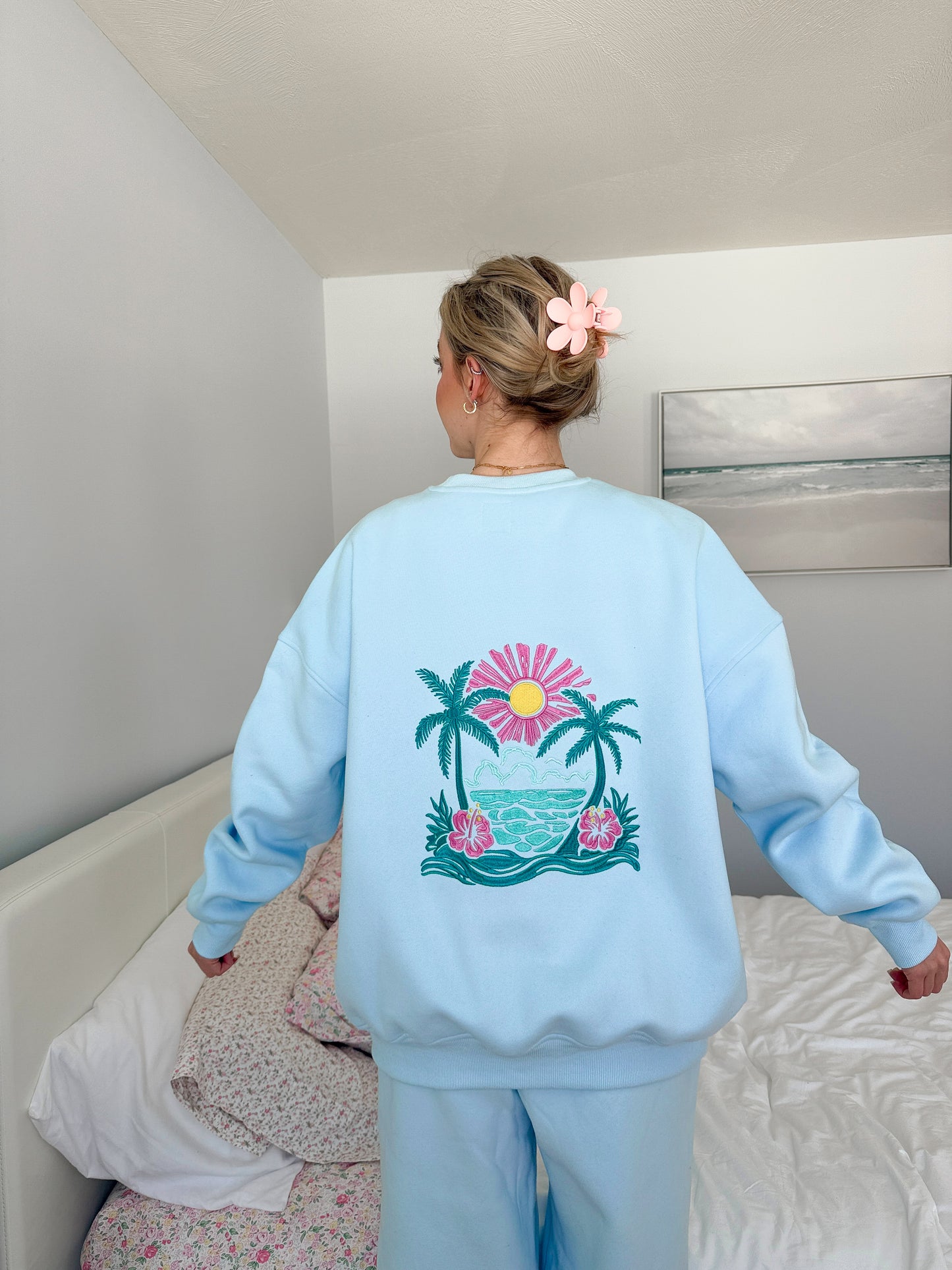 Icy Blue Hibiscus Flower Beach Babe Embroider Sweatshirt