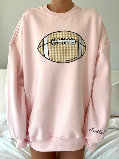Light Pink Game Day Gingham Football Embroider Sweatshirt