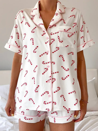 Candy Cane Holiday Christmas Short Sleeve Button Up Pajama Top