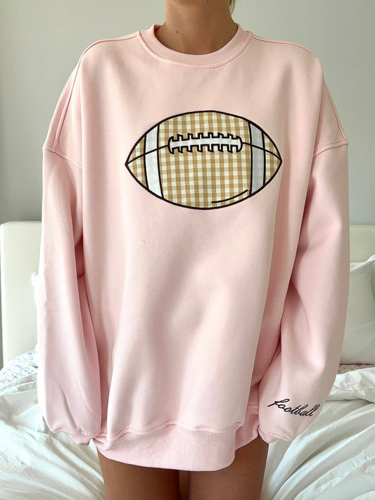 Light Pink Game Day Gingham Football Embroider Sweatshirt