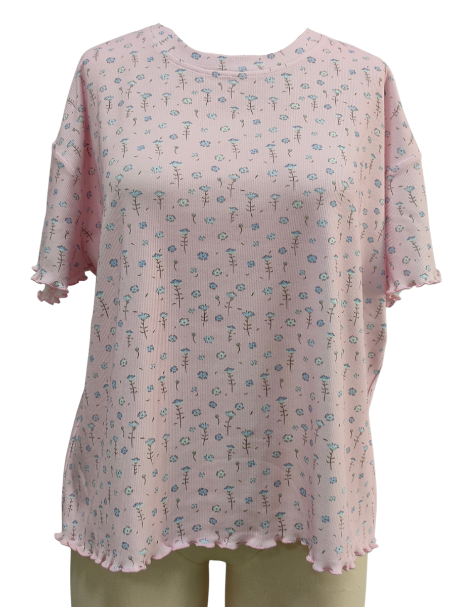 Light Pink Ditsy Blue Floral Short Sleeve Pajama Top