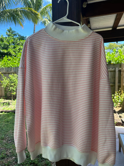 Light Pink and White Big Striped Mockneck Sweatshirt