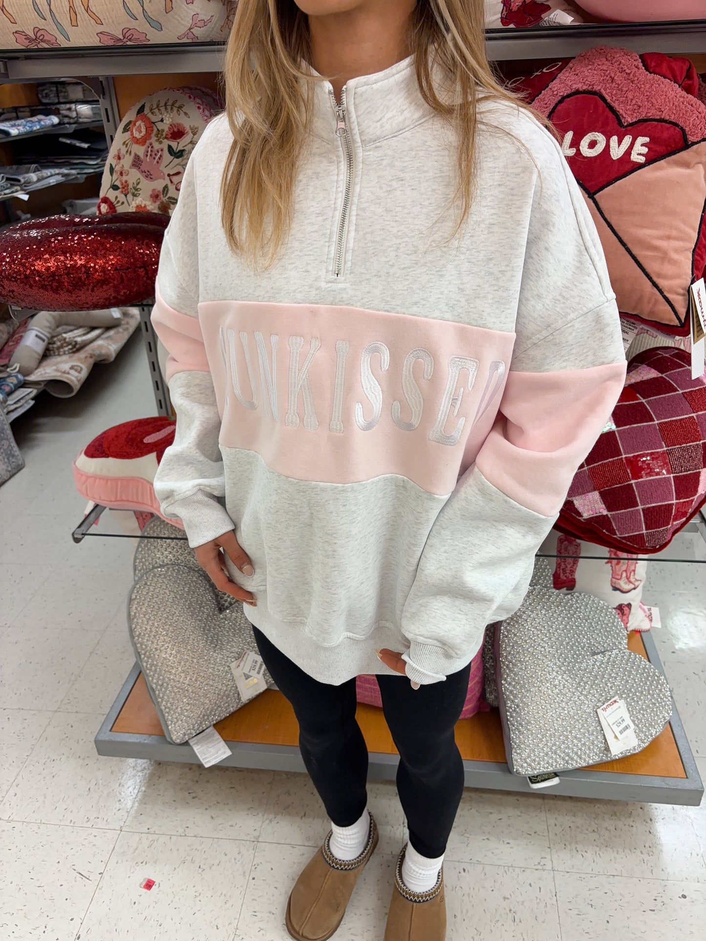 Pearl Grey And Pink Sunkissed Embroider Quarter-Zip