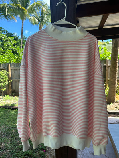 Light Pink and White Big Striped Mockneck Sweatshirt