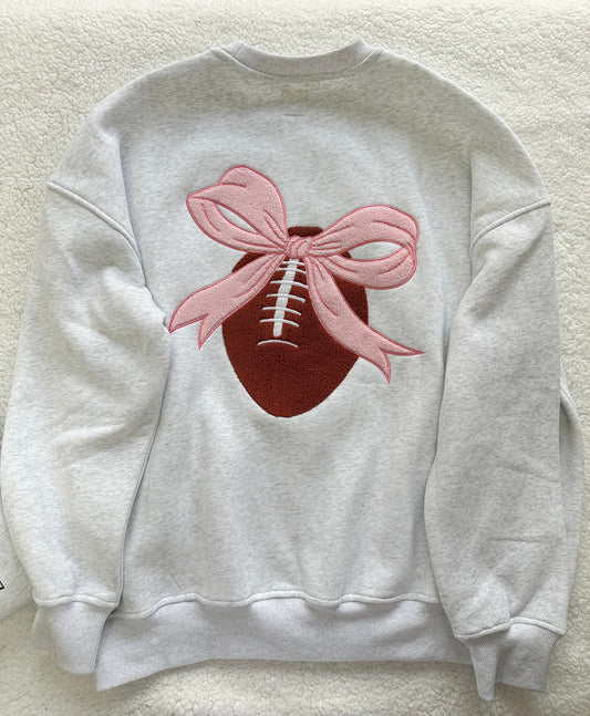 Pearl Grey Pink Bow Football Game Day Embroider Sweatshirt