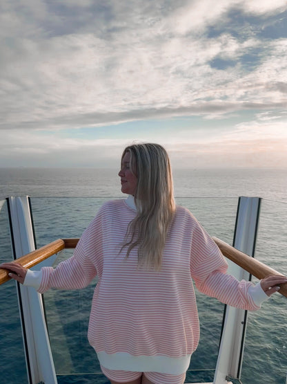 Light Pink and White Big Striped Mockneck Sweatshirt