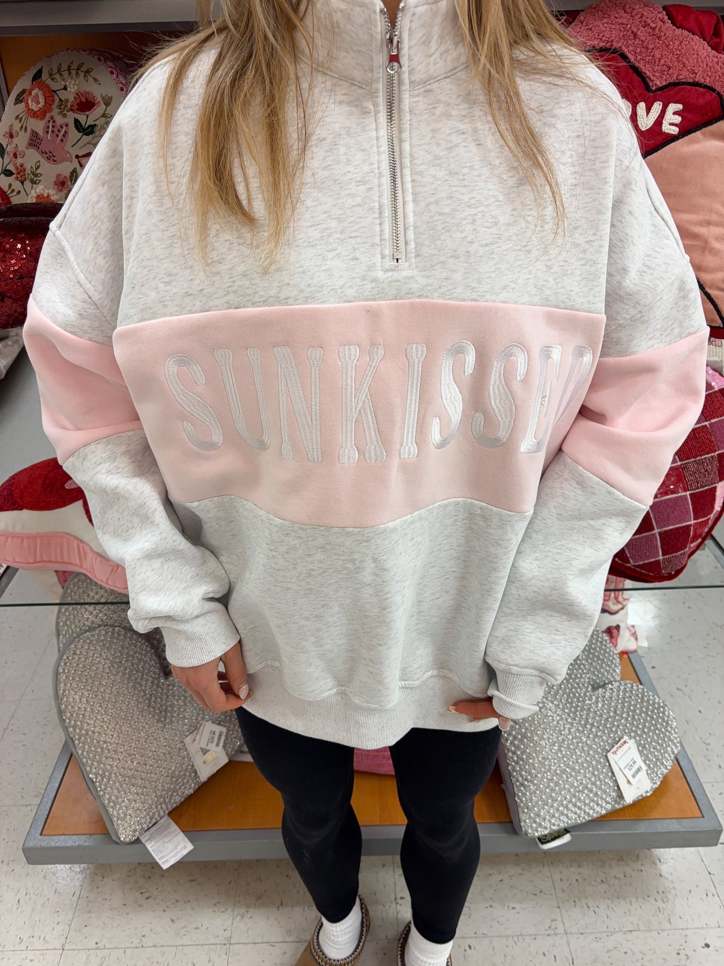 Pearl Grey And Pink Sunkissed Embroider Quarter-Zip