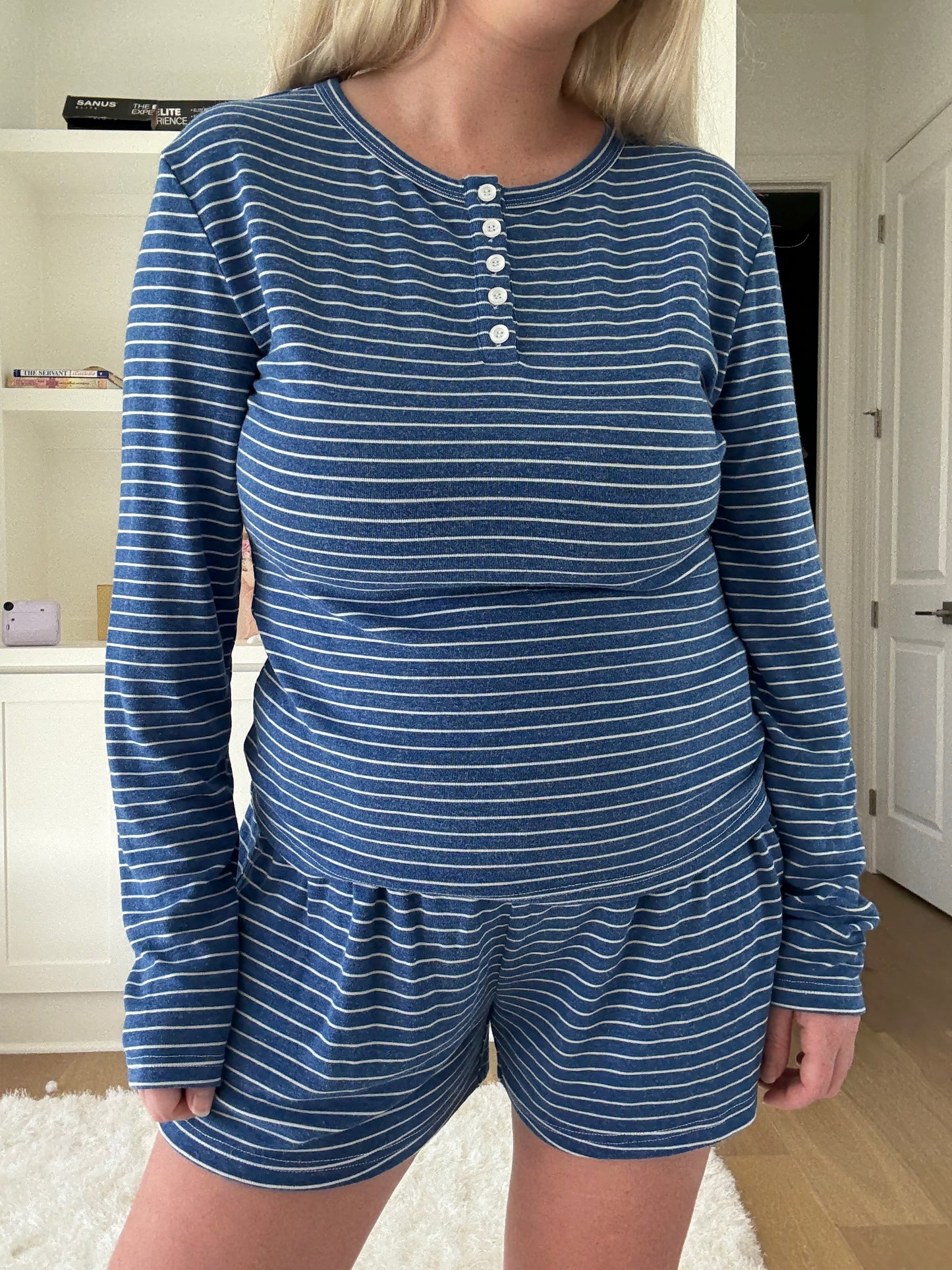 Striped Soft Button Loungewear Long Sleeve Top