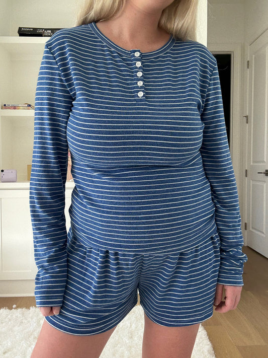 Striped Soft Button Loungewear Long Sleeve Top