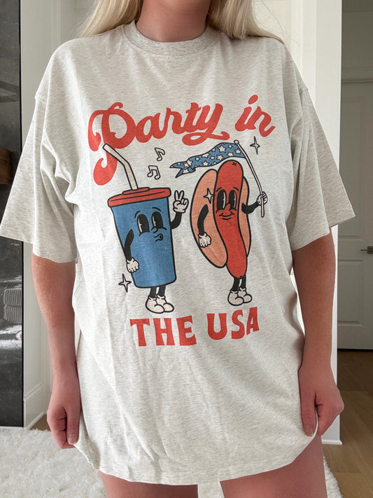 Midweight Pearl Grey Party In The USA Hotdog Tee