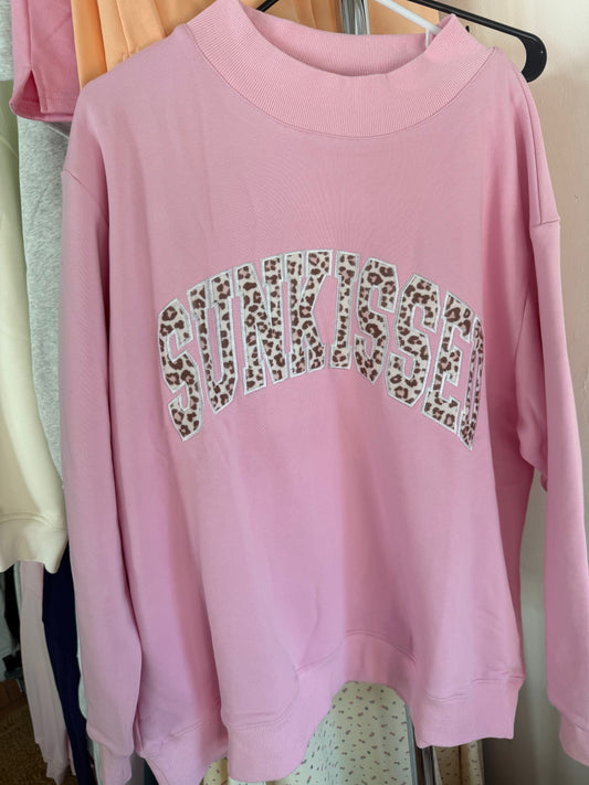 Bubblegum Pink Cheetah Print Varsity Sunkissed Embroidered Mockneck Sweatshirt 100% Cotton