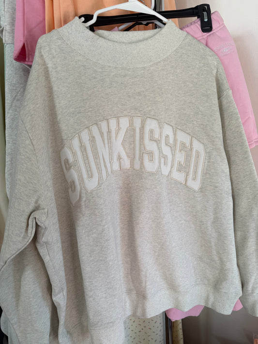 Oat Milk Grey Varsity Sunkissed Embroidered Mockneck Sweatshirt 100% Cotton