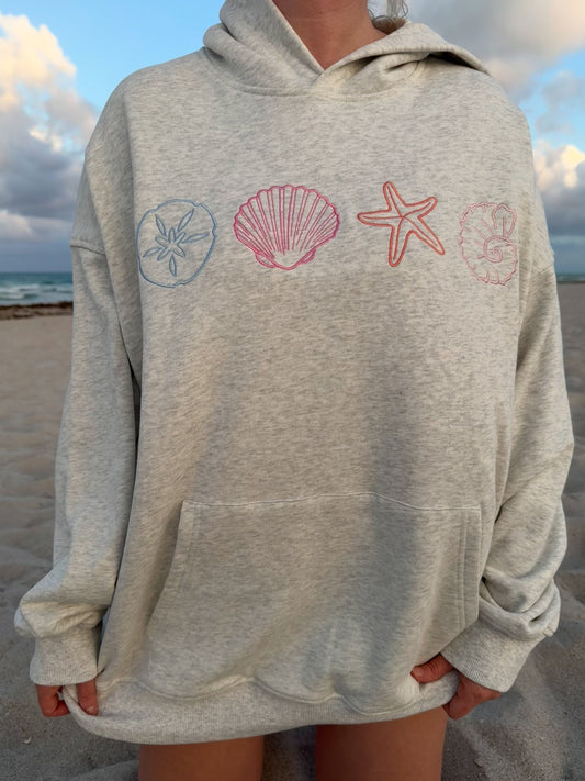 Oat Milk Grey Seashell Embroidered Mockneck Hoodie 100% Cotton