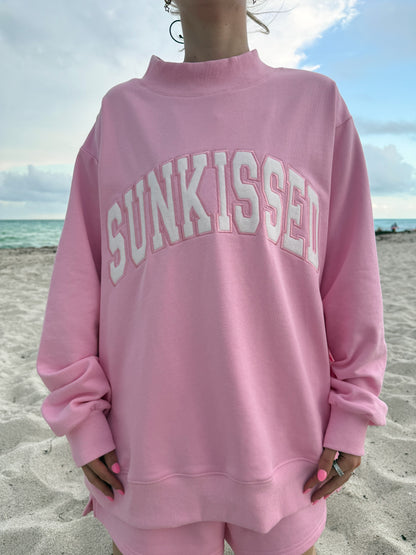 Lottie Pink Varsity Sunkissed Embroidered Mockneck Sweatshirt 100% Cotton