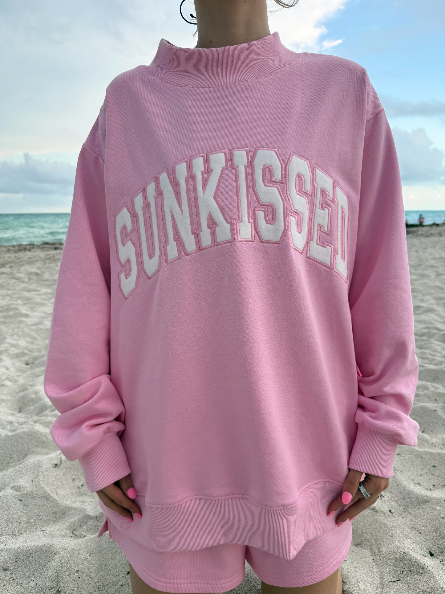 Lottie Pink Varsity Sunkissed Embroidered Mockneck Sweatshirt 100% Cotton