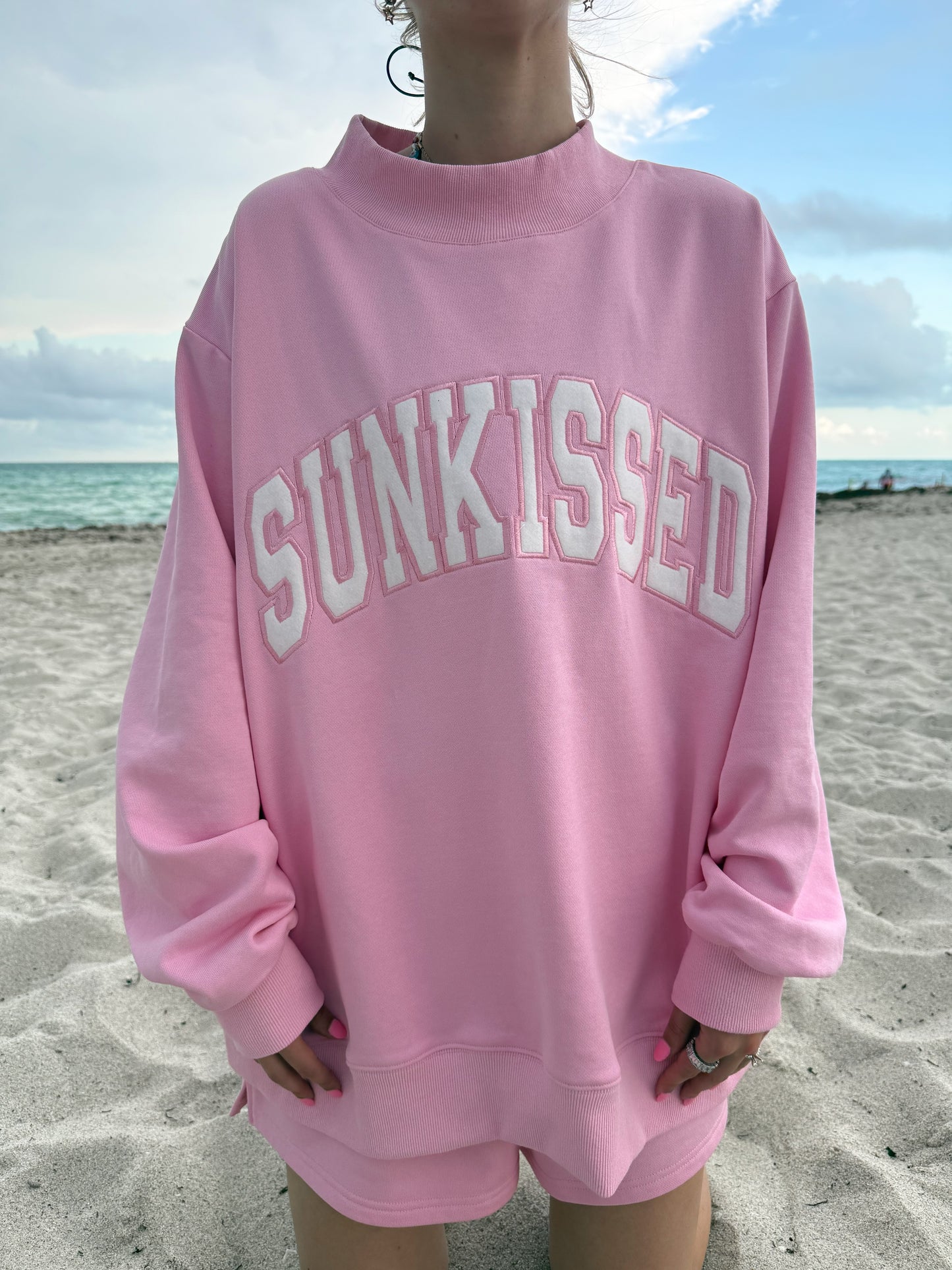 Lottie Pink Varsity Sunkissed Embroidered Mockneck Sweatshirt 100% Cotton