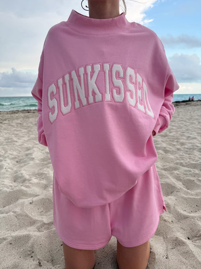 Lottie Pink Varsity Sunkissed Embroidered Mockneck Sweatshirt 100% Cotton