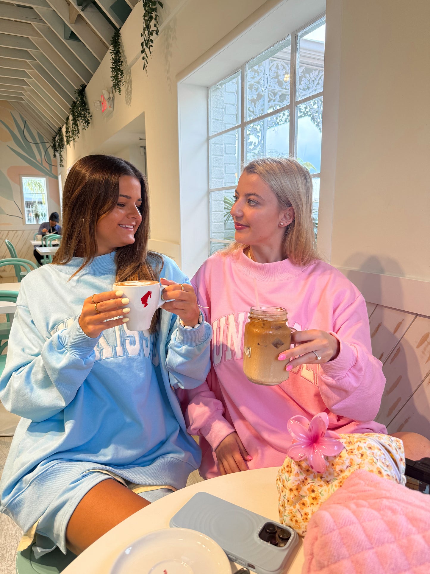 Lottie Pink Varsity Sunkissed Embroidered Mockneck Sweatshirt 100% Cotton
