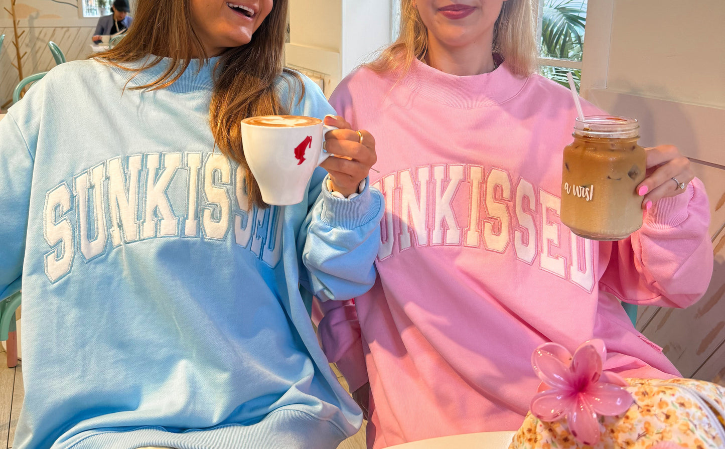 Lottie Pink Varsity Sunkissed Embroidered Mockneck Sweatshirt 100% Cotton