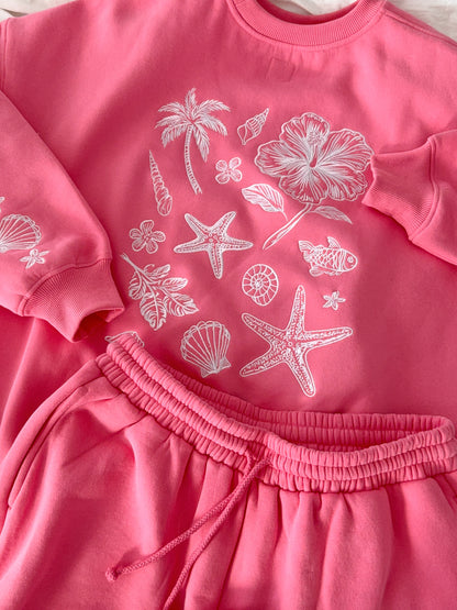 Hibiscus Pink Tropical Embroider Sweatshirt
