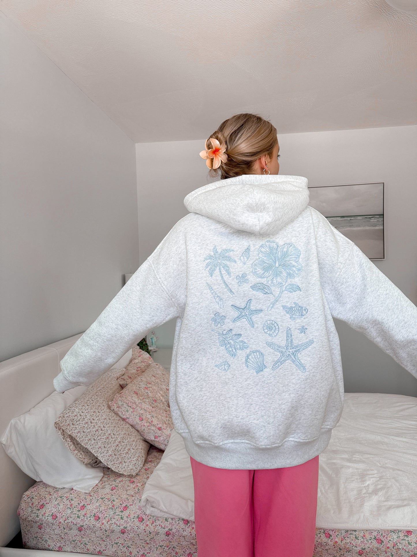 Pearl Grey Tropical Embroider Hoodie