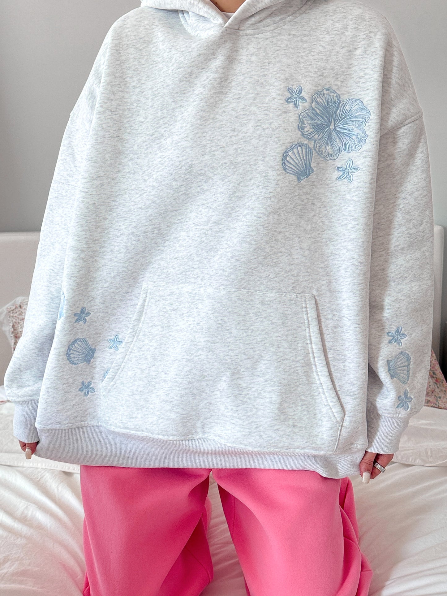 Pearl Grey Tropical Embroider Hoodie