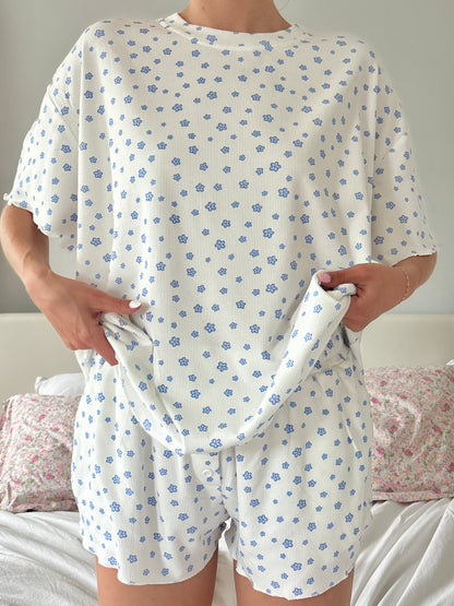 White Lilo Blue Floral Short Sleeve Pajama Top