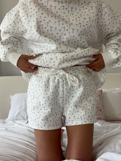 White Ditsy Blue Floral Sweat Shorts