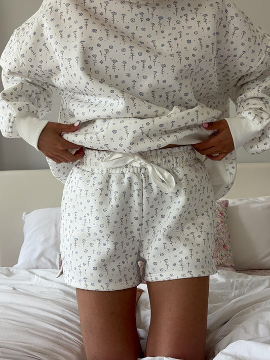 White Ditsy Blue Floral Sweat Shorts