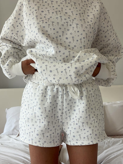 White Ditsy Blue Floral Sweat Shorts