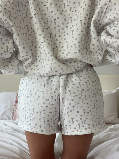 White Ditsy Blue Floral Sweat Shorts
