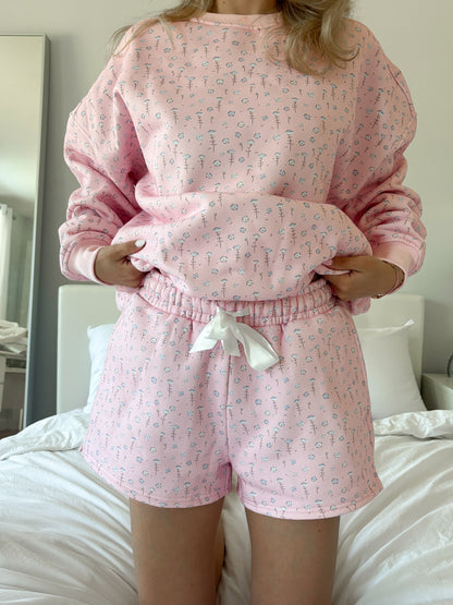 Light Pink Ditsy Blue Floral Sweat Shorts