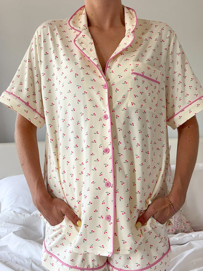 Cherries All Over Short Sleeve Button Up Pajama Top