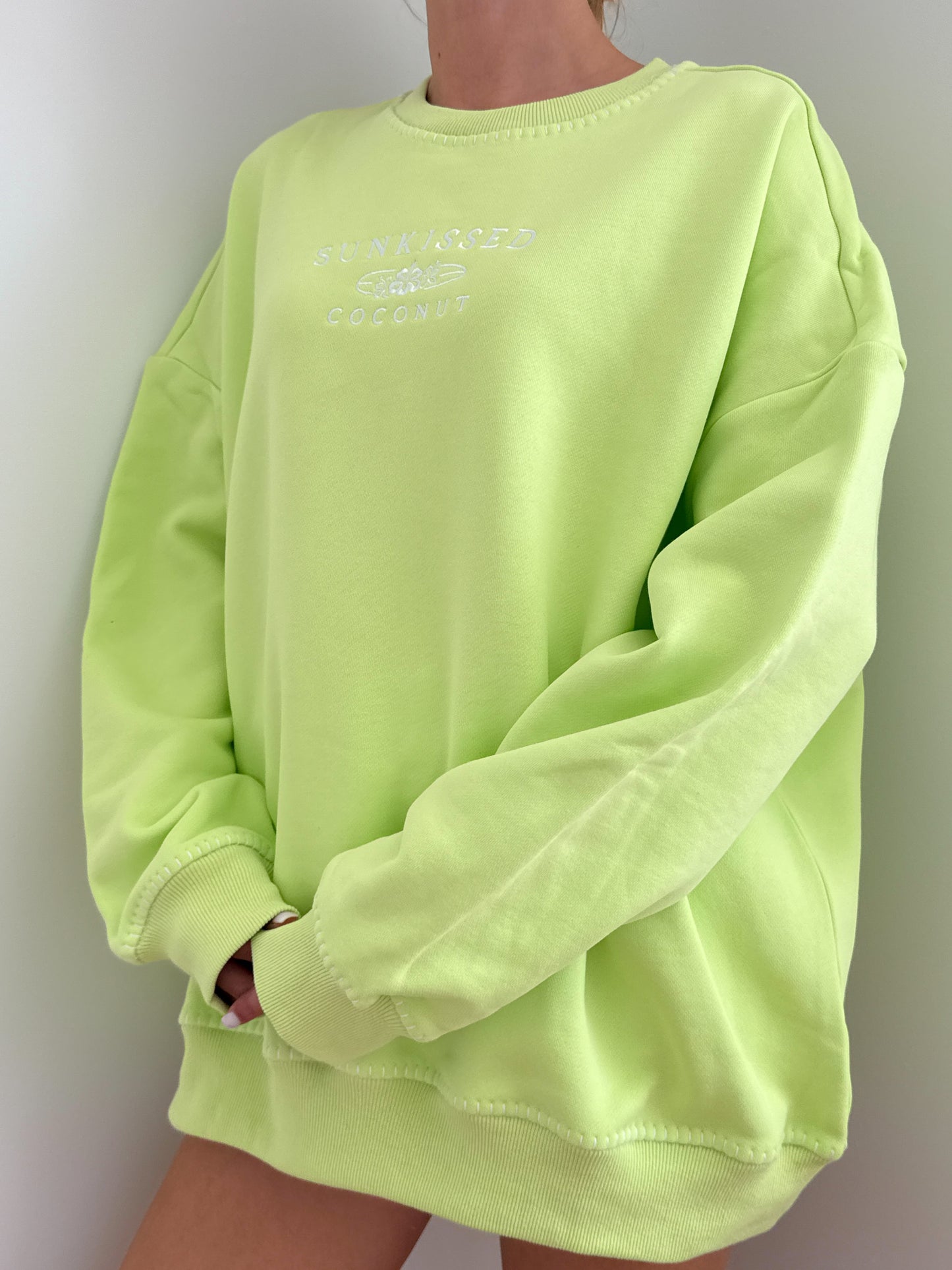 Light Lime Green Stitched Sunkissedcoconut Logo Sweatshirt 100% Cotton